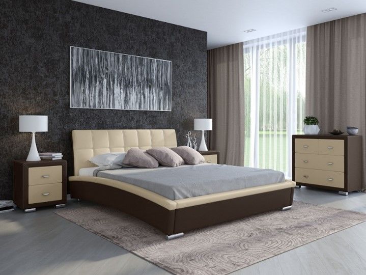 Кровать в спальню Corso-1L 200x200, Экокожа (Коричневый с кремовым)