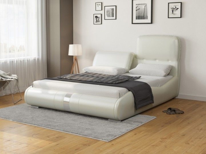 Кровать двуспальная Лукка 160х200, Экокожа (Молочный перламутр)