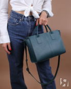 Женская сумка тоут из натуральной кожи сине-зеленая A027 teal grain