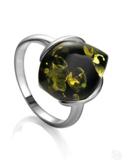 Серебряное кольцо с искрящимся зеленым янтарем «Кошачий глаз» Amberholl