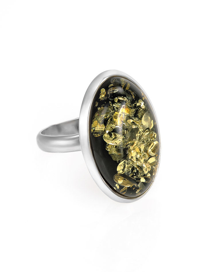 Кольцо из серебра с натуральным янтарём зелёного цвета «Глянец» Amberholl