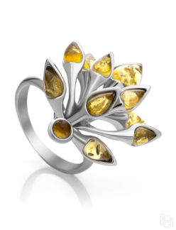 Эффектное кольцо из серебра и натурального янтаря лимонного цвета «Осень» A
