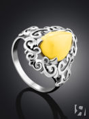 Нежное ажурное серебряное кольцо с натуральным балтийским медовым янтарём «