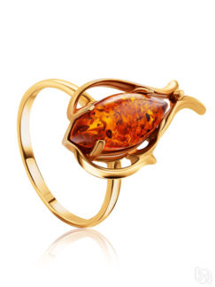 Женственное кольцо из золочёного серебра и янтаря «Тюльпан» Amberholl
