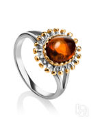 Изящное кольцо из коньячного янтаря в серебре с позолотой «Ловина» Amberhol