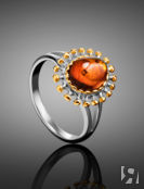 Изящное кольцо из коньячного янтаря в серебре с позолотой «Ловина» Amberhol