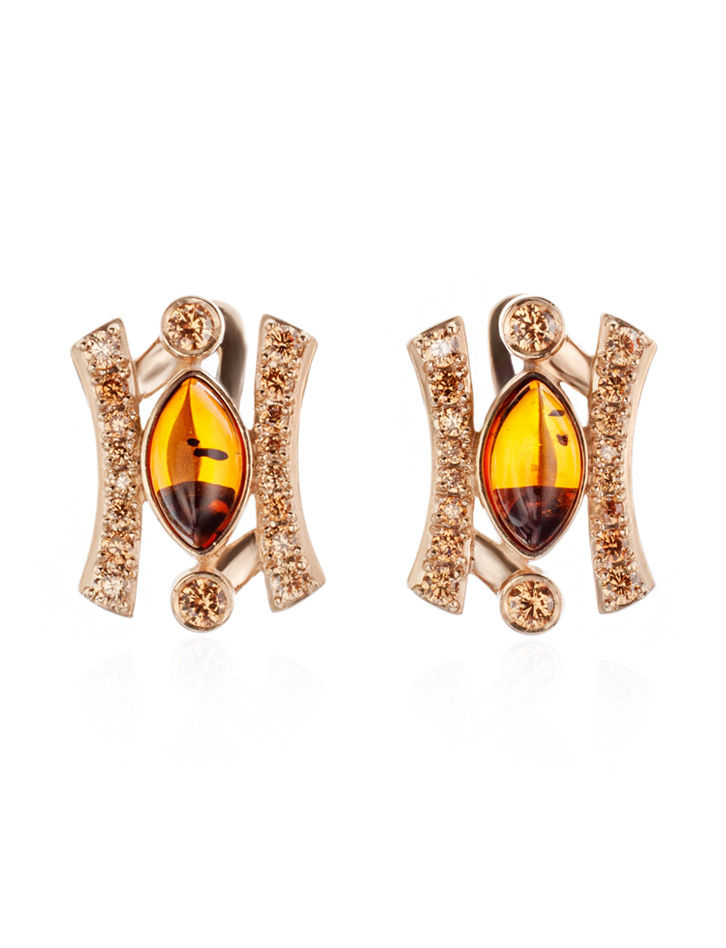 Небольшие нарядные серьги «Ренессанс» из золота с натуральным коньячным янт