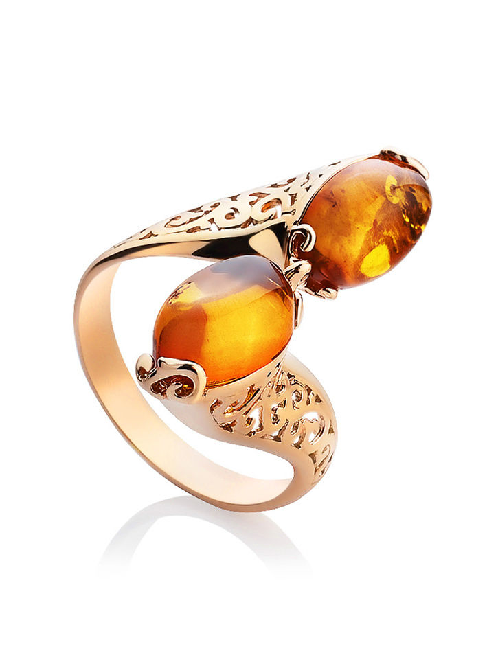 Кольцо из позолоченного серебра и янтаря коньячного цвета «Касабланка»