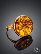 Необычное кольцо из позолоченного серебра с янтарём коньячного цвета