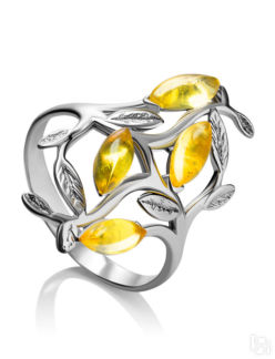 Изящное ажурное кольцо из серебра и лимонного янтаря «Тропиканка» Amberholl