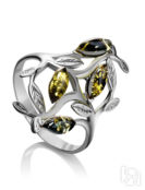 Эффектное кольцо «Тропиканка» из серебра и зелёного янтаря Amberholl