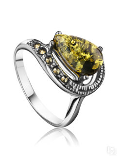 Нежное лёгкое кольцо из серебра с янтарём и марказитами «Эйфория» Amberholl