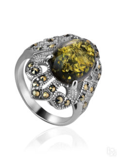 Эффектное серебряное кольцо с янтарем и марказитами «Эйфория» Amberholl