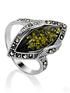 Искрящееся нарядное кольцо «Эйфория» из серебра с марказитами и янтарём Amb