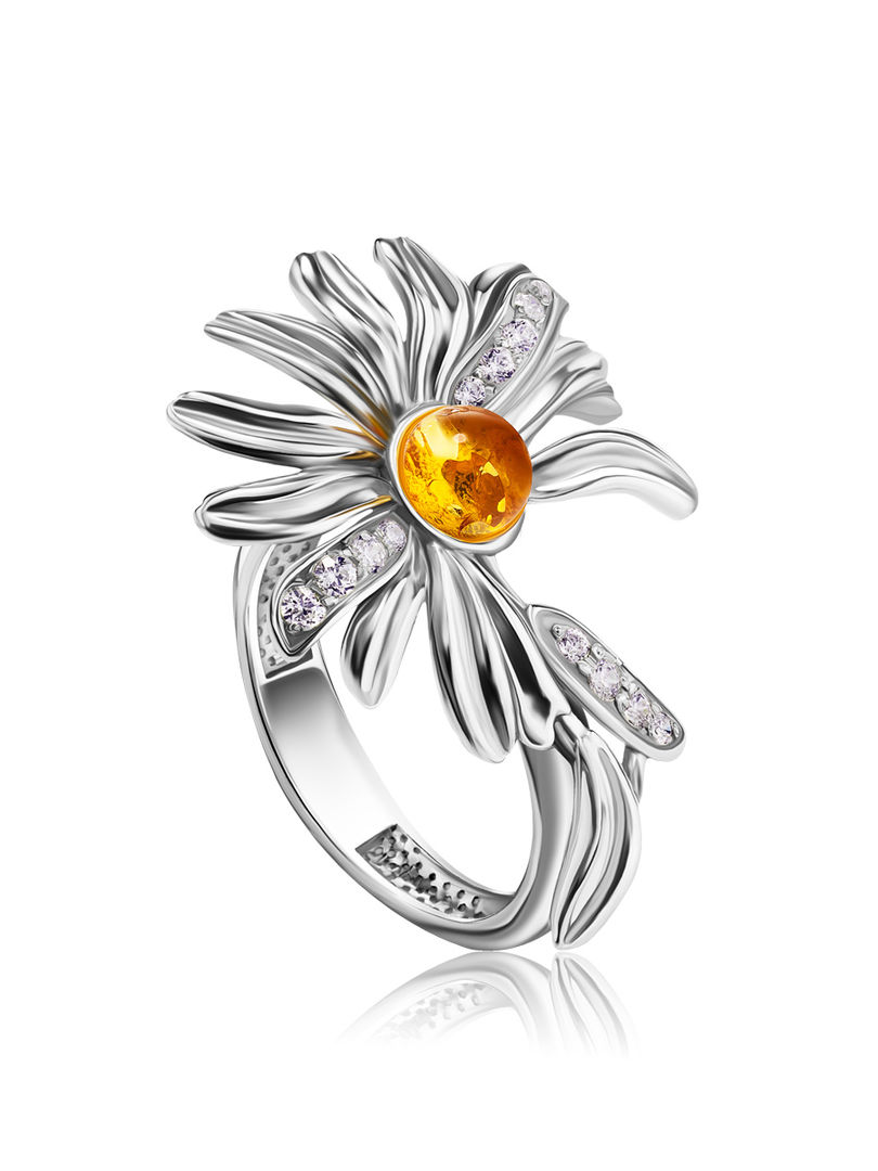 Красивое и необычное кольцо «Ромашка» из серебра с янтарём Amberholl