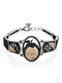 Роскошный браслет из серебра с чернением, украшенный янтарем «Журавушка» Am