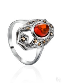 Изысканное кольцо «Эйфория» из серебра с янтарем и марказитами Amberholl