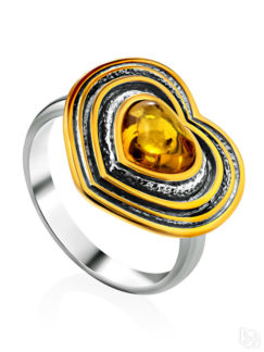 Кольцо в форме сердца «Колхида» с натуральным золотистым янтарём Amberholl