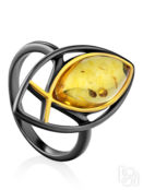 Ажурное кольцо из чернёного серебра с золочением и янтаря «Рыбка» Amberholl