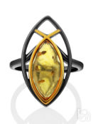 Ажурное кольцо из чернёного серебра с золочением и янтаря «Рыбка» Amberholl