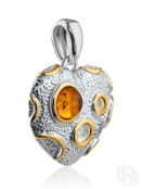 Кулон-сердце из фактурного серебра с золочением и натурального янтаря Amber