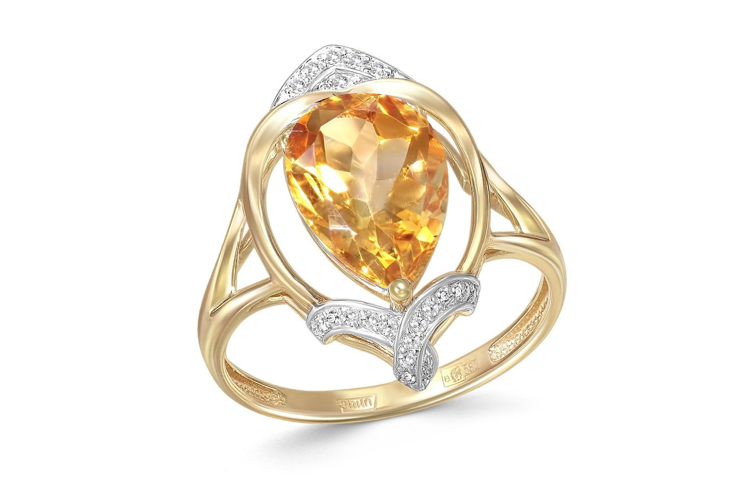 Кольцо с цитрином и 23 фианитами из жёлтого золота