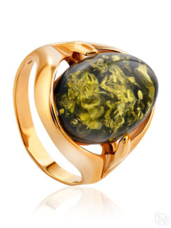 Кольцо из позолоченного серебра с натуральным янтарём зелёного цвета «Астри