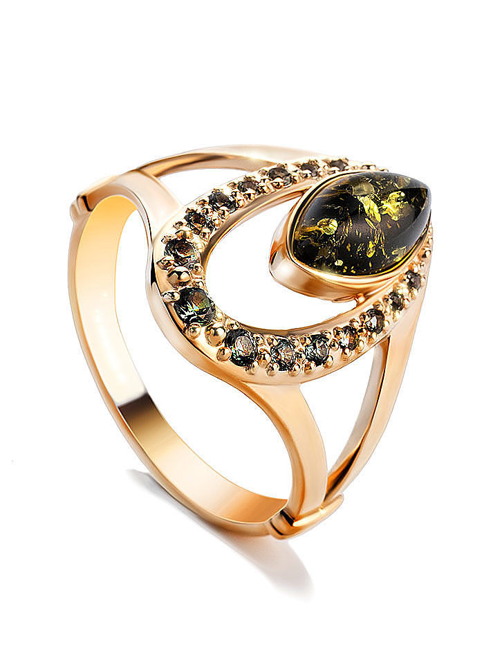 Изящное золотое кольцо «Ренессанс» с янтарём зелёного цвета Amberholl