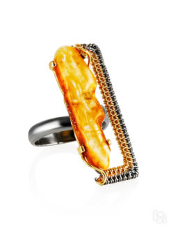 Изысканное кольцо с медовым янтарём в позолоченной скани «Филигрань» Amberh