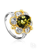 Красивое ажурное кольцо «Мальвина» из серебра с золочением и зелёного янтар
