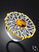 Крупное ажурное кольцо из серебра и натурального янтаря «Алхимия» Amberholl